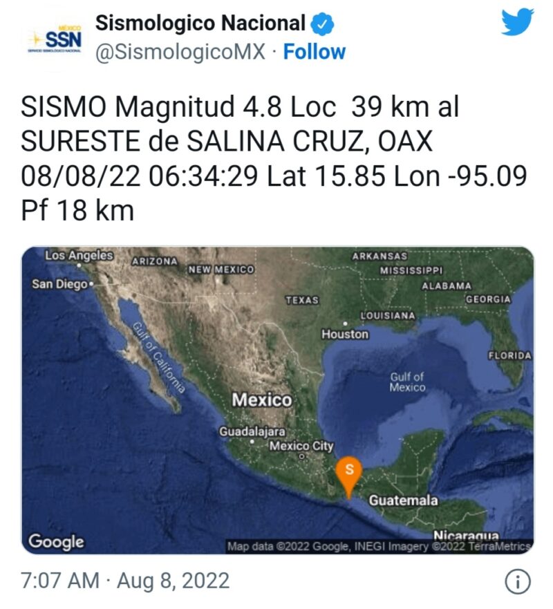 Sismo hoy en Oaxaca de 4.8 en Salina Cruz