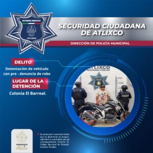 Recupera Policía Municipal de Atlixco motocicleta con reporte de robo; hay 1 detenido