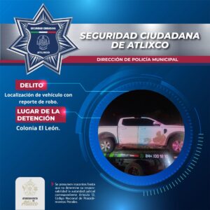 Seguridad Ciudadana de Atlixco localiza camioneta con reporte de robo