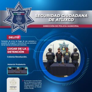 Policías de Atlixco detienen a dos; portaban arma y cartuchos