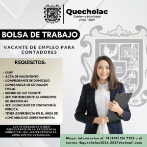 La Presidenta Municipal María Guadalupe Martinez Gerardo convoca a contadores a integrarse a la administración pública de Quecholac