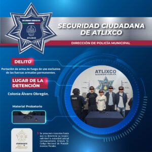 Aseguran a 4 en Atlixco; cargaban arma de uso exclusivo